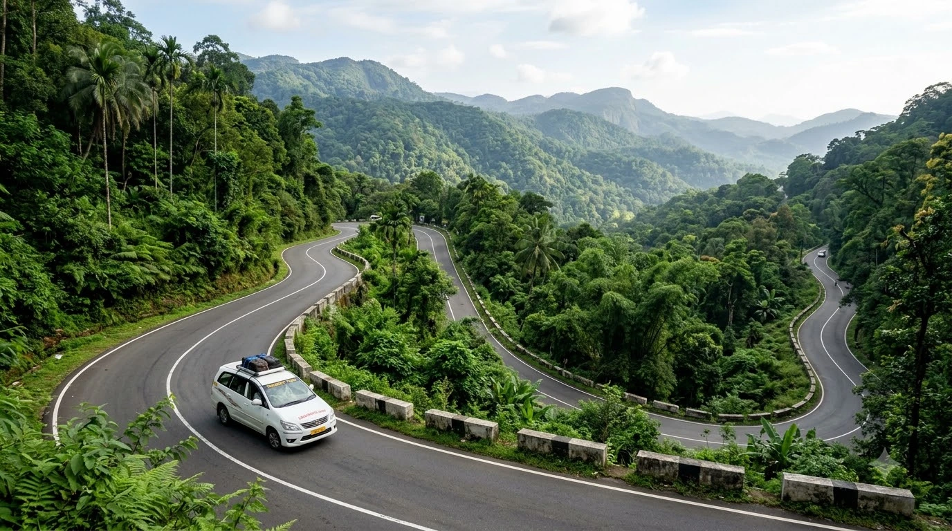 Taxi on the Western Ghats mountain road from Kochi