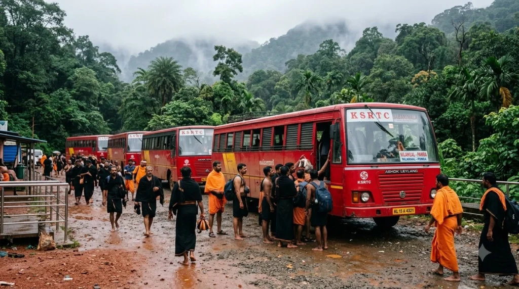 KSRTC buses and Sabarimala pilgrims at Nilakkal Pamba